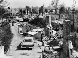 In 1962, a wildfire caused widespread destruction in Los Angeles. Los Angeles, CA - February 26, 1962 , Ruins along Somera Rd. area of complete destruction ( In 1962, a wildfire caused widespread destruction in Los Angeles. Los Angeles, CA - February 26, 1962 , Ruins along Somera Rd. area of complete destruction (
