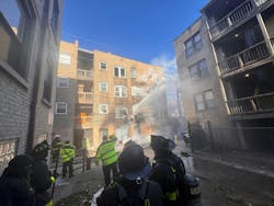A rubbish fire on Chicago’s South Side extended into an apartment building and then up the interior walls to the top floor and attic. The incident was managed by numerous chief officers as well as firefighters who were assigned as chief’s aides to help with tracking/accountability of all of the members who operated on the fireground and, more specifically, inside of the building. An additional chief officer operated as the interior chief, fully geared up with air pack. A rubbish fire on Chicago’s South Side extended into an apartment building and then up the interior walls to the top floor and attic. The incident was managed by numerous chief officers as well as firefighters who were assigned as chief’s aides to help with tracking/accountability of all of the members who operated on the fireground and, more specifically, inside of the building. An additional chief officer operated as the interior chief, fully geared up with air pack.