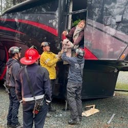 Nevada County firefighters rescued the occupant after a tree fell on the RV. Nevada County firefighters rescued the occupant after a tree fell on the RV.