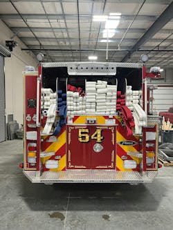 High-side/low-side body configuration with curbside portable ladders can allow for multiple bulk beds of fire hose or preconnected hose lines. This hosebed is 40 inches. It’s three feet from the tailboard to the hosebed lip and 62 inches from the ground to hosebed lip. High-side/low-side body configuration with curbside portable ladders can allow for multiple bulk beds of fire hose or preconnected hose lines. This hosebed is 40 inches. It’s three feet from the tailboard to the hosebed lip and 62 inches from the ground to hosebed lip.