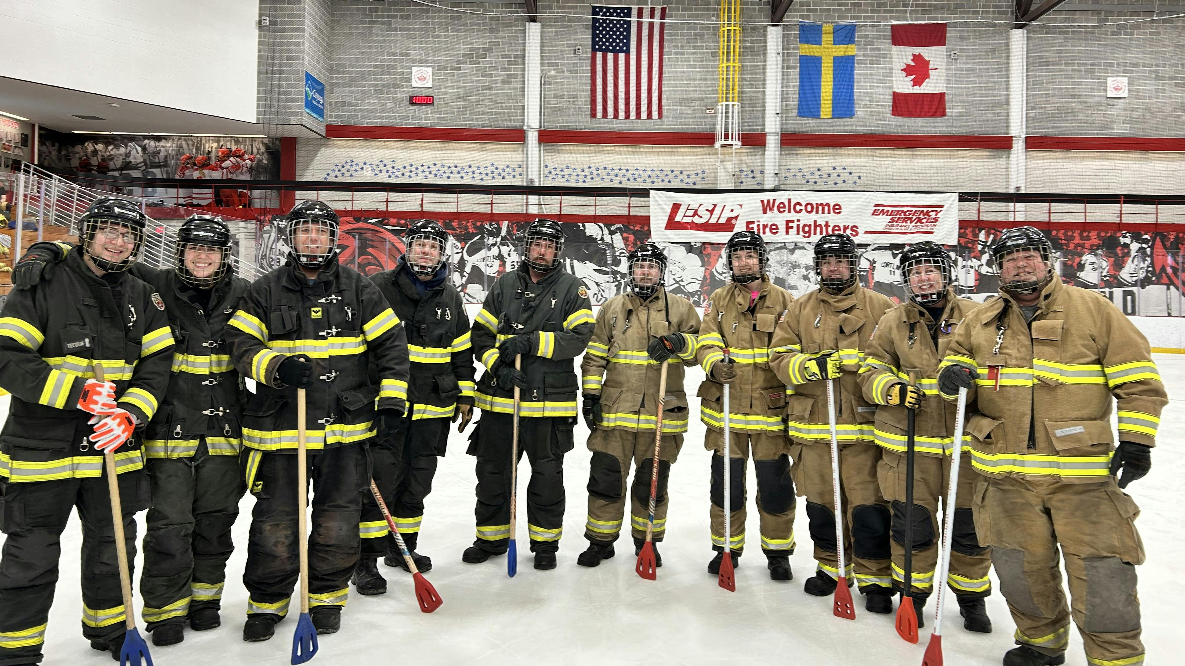 Members of rival teams gathered on the ice at Cortland University for some broomball.