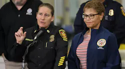 Los Angeles Mayor Karen Bass, right, and Los Angeles Fire Chief Kristin Crowley, address the media at a news conference last month