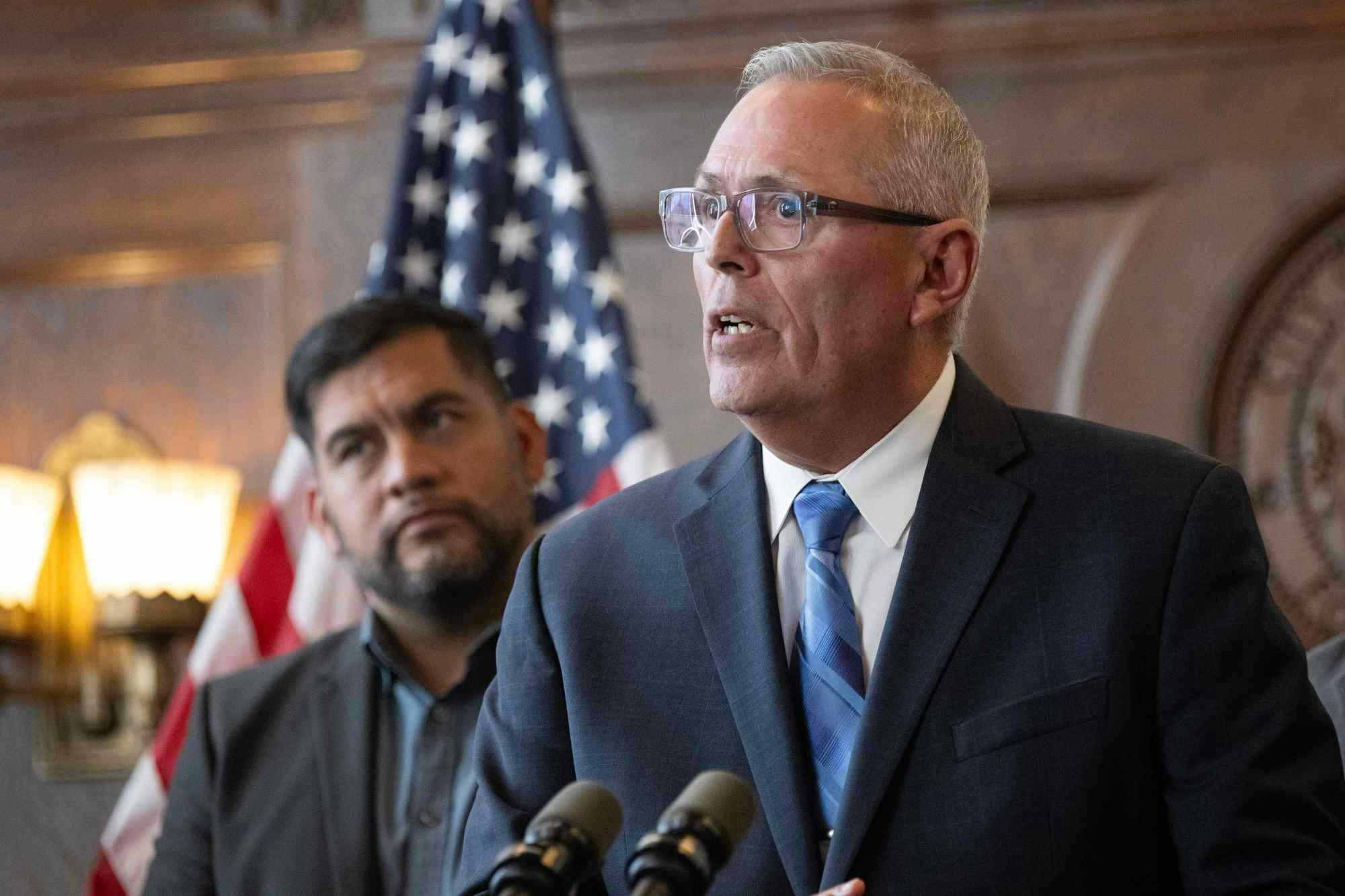 Former Los Angeles Deputy Chief Ronnie Villanueva speaks after being appointed as interim fire chief of the LAFD on Friday.