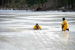 A firefighter attempts a self-rescue using ice picks and other tactics to claw their way back up on to solid ice. A firefighter attempts a self-rescue using ice picks and other tactics to claw their way back up on to solid ice.