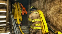 When stretching hose to upper floors, the required hose should be loaded onto the firefighters in a manner that allows it to pay off efficiently. When stretching hose to upper floors, the required hose should be loaded onto the firefighters in a manner that allows it to pay off efficiently.