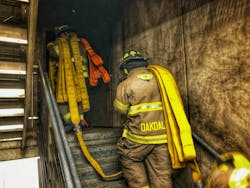 When stretching hose to upper floors, the required hose should be loaded onto the firefighters in a manner that allows it to pay off efficiently. When stretching hose to upper floors, the required hose should be loaded onto the firefighters in a manner that allows it to pay off efficiently.