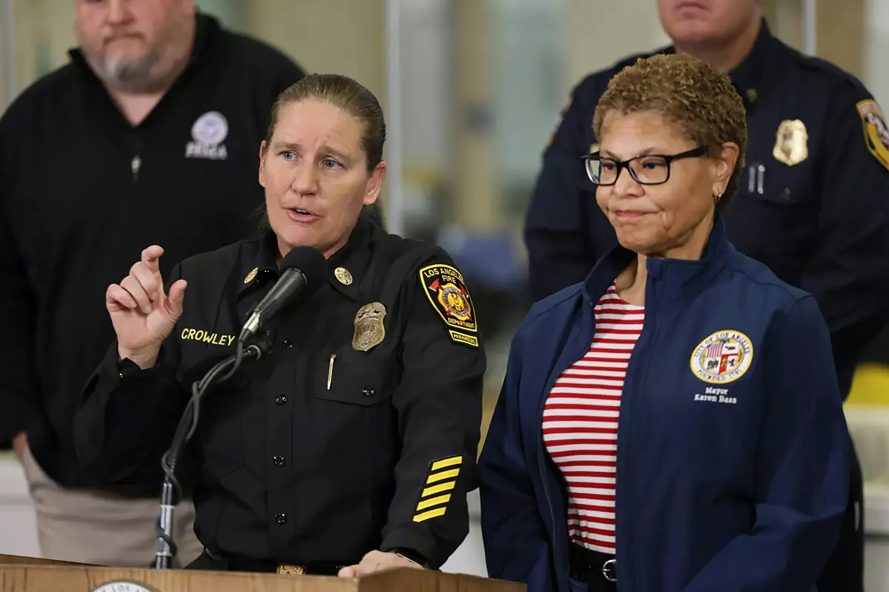 Aides to Los Angeles Mayor Karen Bass, right, received a warning about the potential for extreme winds.