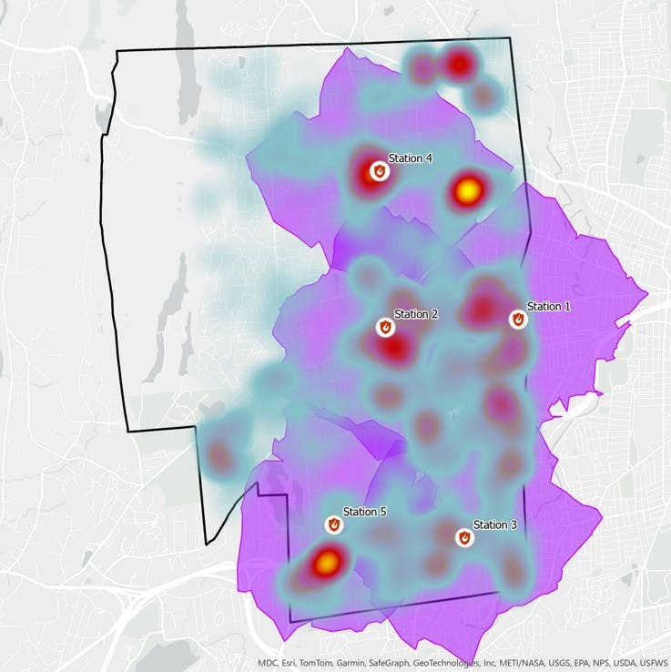 Ten years of emergency response call locations represented as a heat map. The purple outline represents a 1.5-mile driving radius around each station.