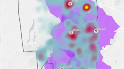 Ten years of emergency response call locations represented as a heat map. The purple outline represents a 1.5-mile driving radius around each station.