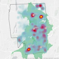 Ten years of emergency response call locations represented as a heat map. The green outline represents how far an apparatus can drive from each station in four minutes. Ten years of emergency response call locations represented as a heat map. The green outline represents how far an apparatus can drive from each station in four minutes.