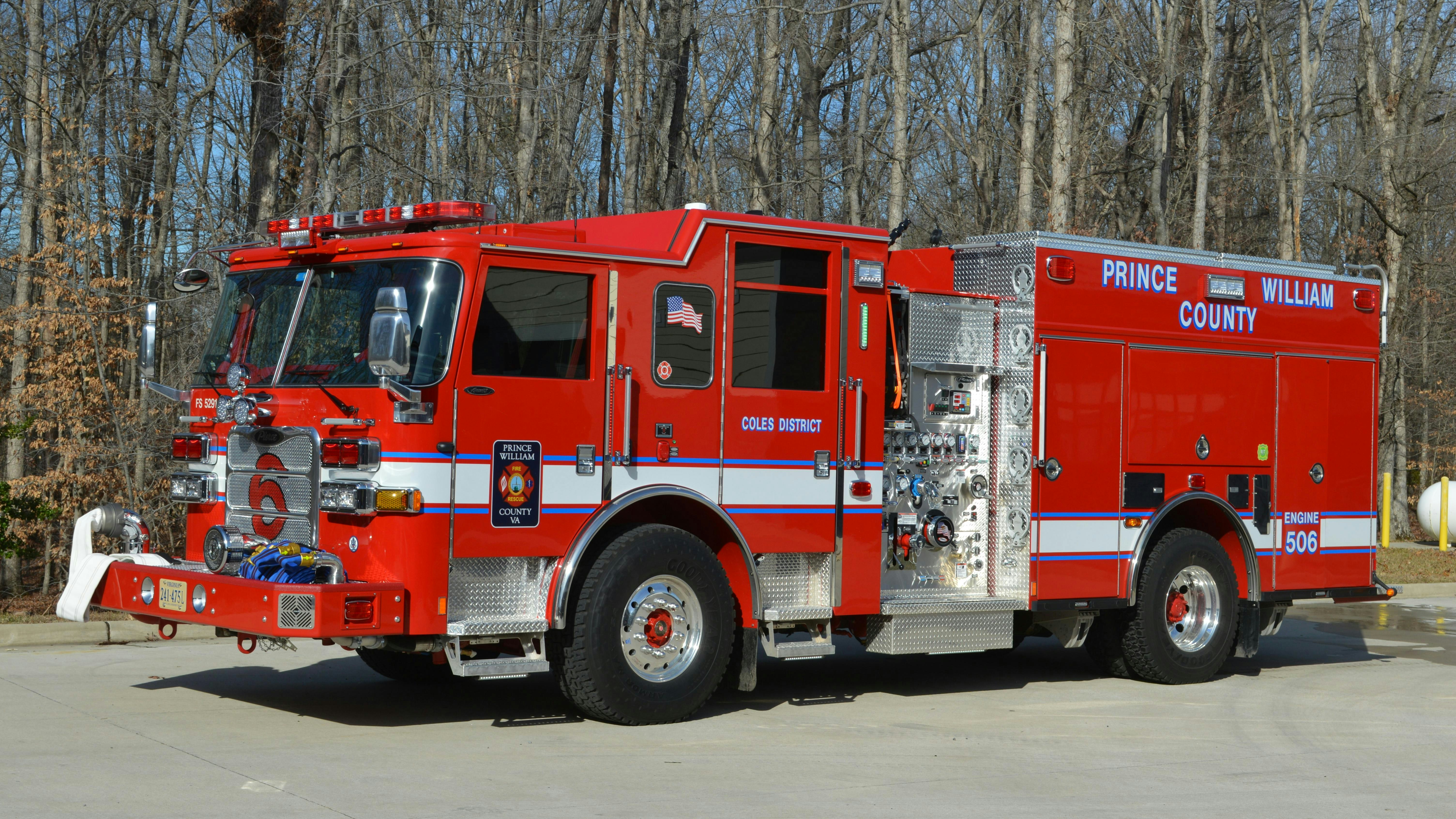 Engine 506 of the Prince William County (PWC), VA, Fire & Rescue System is a 2022 Pierce Arrow XT that&rsquo;s equipped with a 1,500-gpm pump and 750-gallon tank. The rig is one of the four newest pumpers in the department&rsquo;s fleet. Note the front cab-mounted handrails and downview mirror and the recessed, bumper-mounted warning lights.