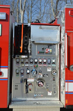 The pump panel on PWC Fire & Rescue System’s Engine 506 is 48 inches wide. This provides room for the individual discharges, including front bumper, three crosslays and rear body discharges for a leader line, and a 2½-inch preconnected attack line. The pump panel on PWC Fire & Rescue System’s Engine 506 is 48 inches wide. This provides room for the individual discharges, including front bumper, three crosslays and rear body discharges for a leader line, and a 2½-inch preconnected attack line.