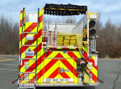 The hose load on the OWL Fire Department’s Engine 502B includes a 200-foot 3-inch leader line, 500 feet of 3-inch hose, 1,200 feet of 4-inch supply line and a 200-foot 2½-inch attack line, with the leader and attack lines shoulder-loaded for rapid deployment. The rear body ladder provides safe access to the top compartments and hosebed area. The hose load on the OWL Fire Department’s Engine 502B includes a 200-foot 3-inch leader line, 500 feet of 3-inch hose, 1,200 feet of 4-inch supply line and a 200-foot 2½-inch attack line, with the leader and attack lines shoulder-loaded for rapid deployment. The rear body ladder provides safe access to the top compartments and hosebed area.