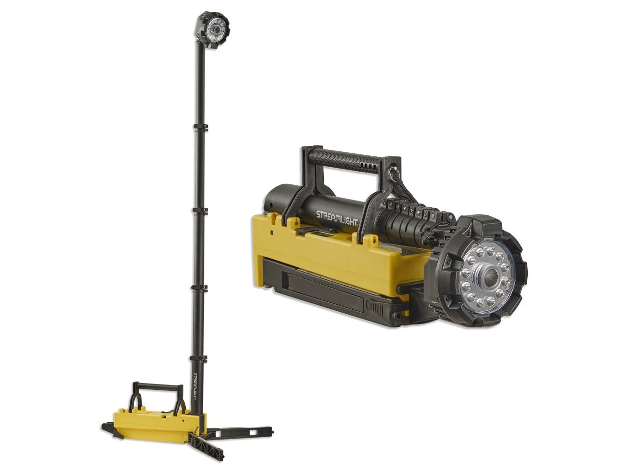 The Portable Scene Light measures 22.5 inches long and 6.5 inches wide, weighing 25.8 pounds, while the Portable Scene Light EXT measures 25.5 inches long and 6.5 inches wide, weighing 26.3 pounds.