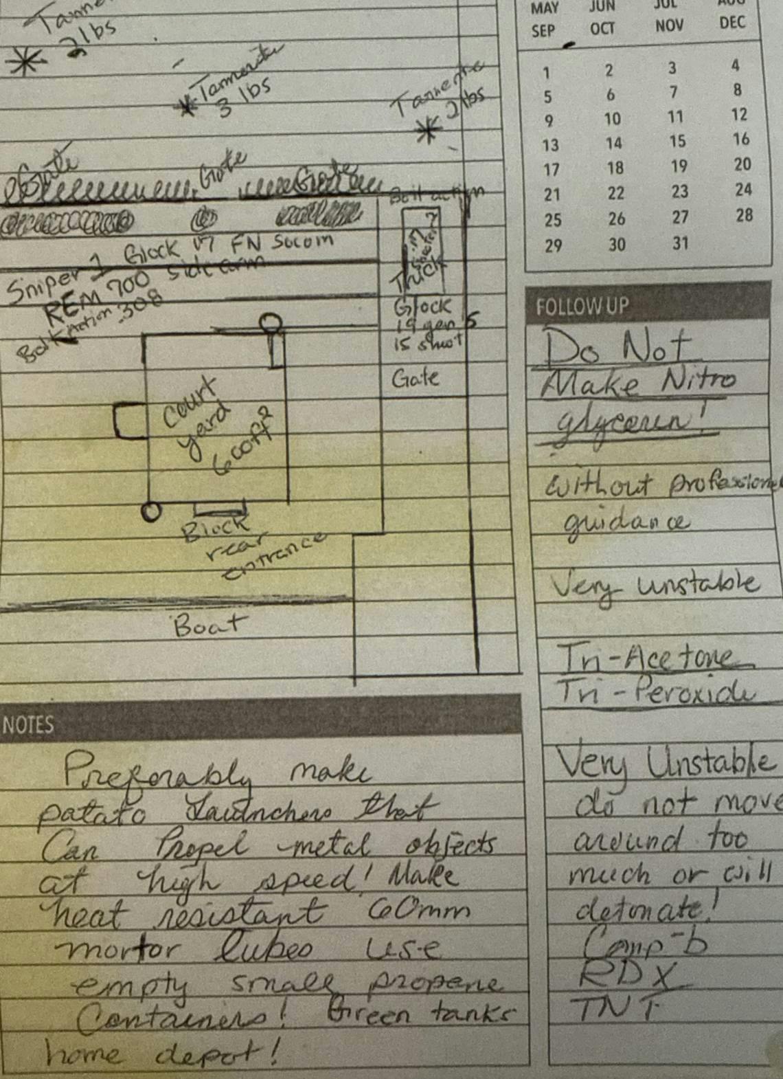 Along with the arsenal of weaponry, police also found a sketch of an unidentified building that included a possible sniper location.