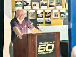 Scott Barnes shared many stories about the company's history. He started as an EMT before being hired by Wheeled Coach founder Robert Collins Sr.as a consultant. Scott Barnes shared many stories about the company's history. He started as an EMT before being hired by Wheeled Coach founder Robert Collins Sr.as a consultant.