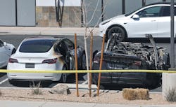 Teslas were set ablaze at a Las Vegas center on March 18. Teslas were set ablaze at a Las Vegas center on March 18.