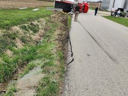 Fire Chief Bryan Woodall said the rig got too close to the end of the road, which put the rig into the ditch. Fire Chief Bryan Woodall said the rig got too close to the end of the road, which put the rig into the ditch.
