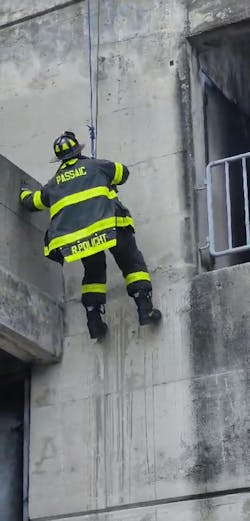 When training on roof rope rescue scenarios, it’s vital to have a safety plan and belay line established when sending a firefighter over the edge. When training on roof rope rescue scenarios, it’s vital to have a safety plan and belay line established when sending a firefighter over the edge.