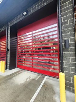 All four apparatus bay doors of Station 52 of Central Kitsap Fire & Rescue open in less than five seconds. This is just below the 60 inches-per-second maximum speed at which the doors are capable of operating and far faster than the 7–12 inches per second of traditional doors. All four apparatus bay doors of Station 52 of Central Kitsap Fire & Rescue open in less than five seconds. This is just below the 60 inches-per-second maximum speed at which the doors are capable of operating and far faster than the 7–12 inches per second of traditional doors.