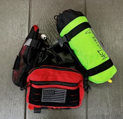 A belt-mounted 4-3-2-1 kit that includes an Anderson Rescue Solutions (ARS) Multi-Loop Rescue Strap, an H2O Rescue Gear Sharpshooter throwbag and a pouch to carry hardware. A belt-mounted 4-3-2-1 kit that includes an Anderson Rescue Solutions (ARS) Multi-Loop Rescue Strap, an H2O Rescue Gear Sharpshooter throwbag and a pouch to carry hardware.