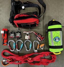 Contents of 4-3-2-1 kit, with extras used by the author. An ARS Strap is in place of webbing. A Petzl Rollclip saves system length on gear. The Petzl Tibloc is the rope grab. Hollow-block prusiks are in the personal flotation device (PFD). ARS Magnapulleys can be two single or one double. Contents of 4-3-2-1 kit, with extras used by the author. An ARS Strap is in place of webbing. A Petzl Rollclip saves system length on gear. The Petzl Tibloc is the rope grab. Hollow-block prusiks are in the personal flotation device (PFD). ARS Magnapulleys can be two single or one double.