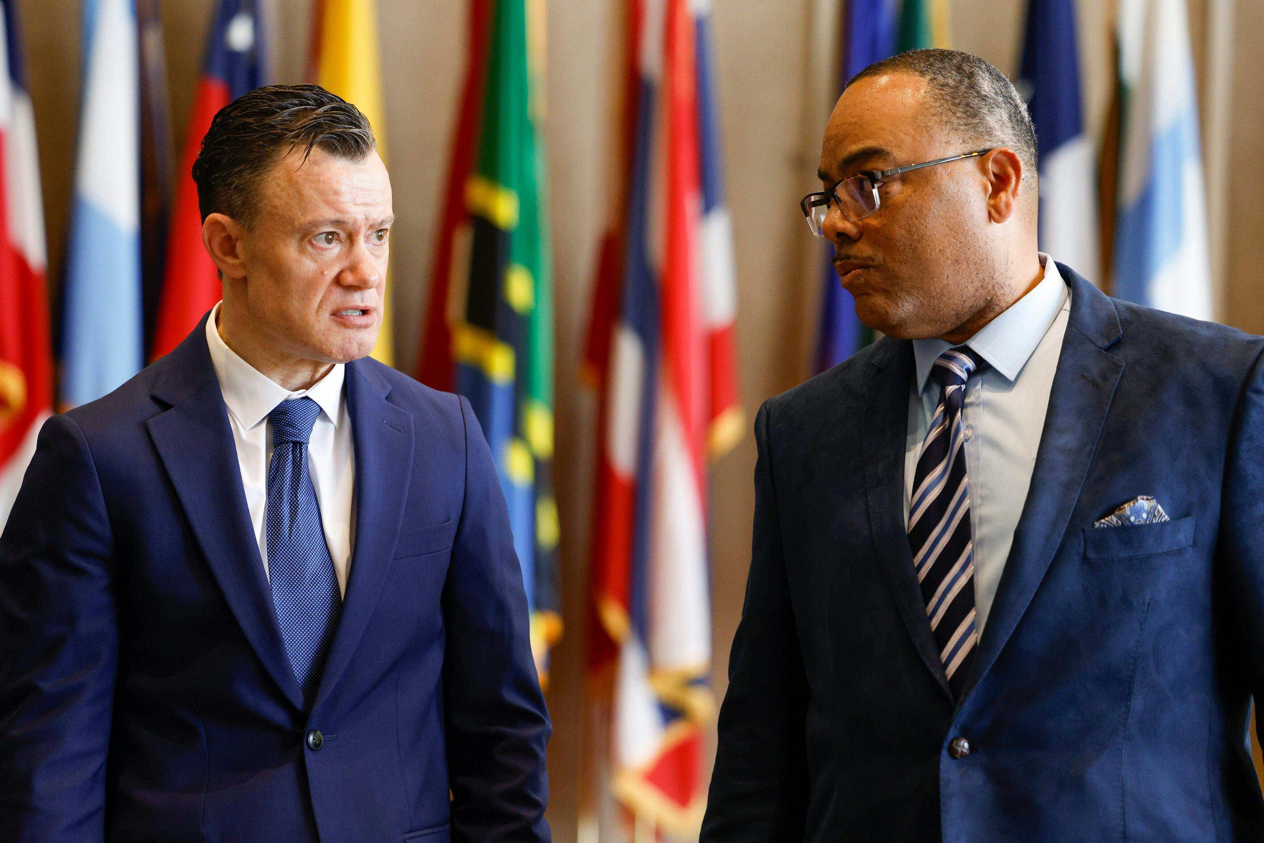 Dallas Fire-Rescue Chief Justin Ball (left) spoke with Dallas Chief of Public Safety Dominique Artis at a recent meeting.