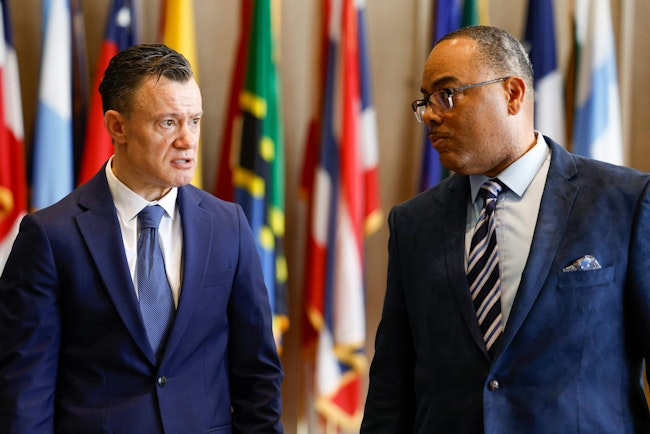 Dallas Fire-Rescue Chief Justin Ball (left) spoke with Dallas Chief of Public Safety Dominique Artis at a recent meeting.
