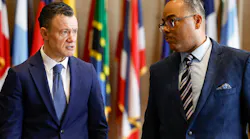Dallas Fire-Rescue Chief Justin Ball (left) spoke with Dallas Chief of Public Safety Dominique Artis at a recent meeting.