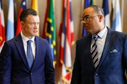 Dallas Fire-Rescue Chief Justin Ball (left) spoke with Dallas Chief of Public Safety Dominique Artis at a recent meeting. Dallas Fire-Rescue Chief Justin Ball (left) spoke with Dallas Chief of Public Safety Dominique Artis at a recent meeting.