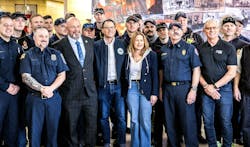 Gov. Josh Shapiro and first lady Lori Shapiro, along with chef Robert Irvine, get a photo with Harrisburg firefighters. Gov. Josh Shapiro and first lady Lori Shapiro, along with chef Robert Irvine, get a photo with Harrisburg firefighters.