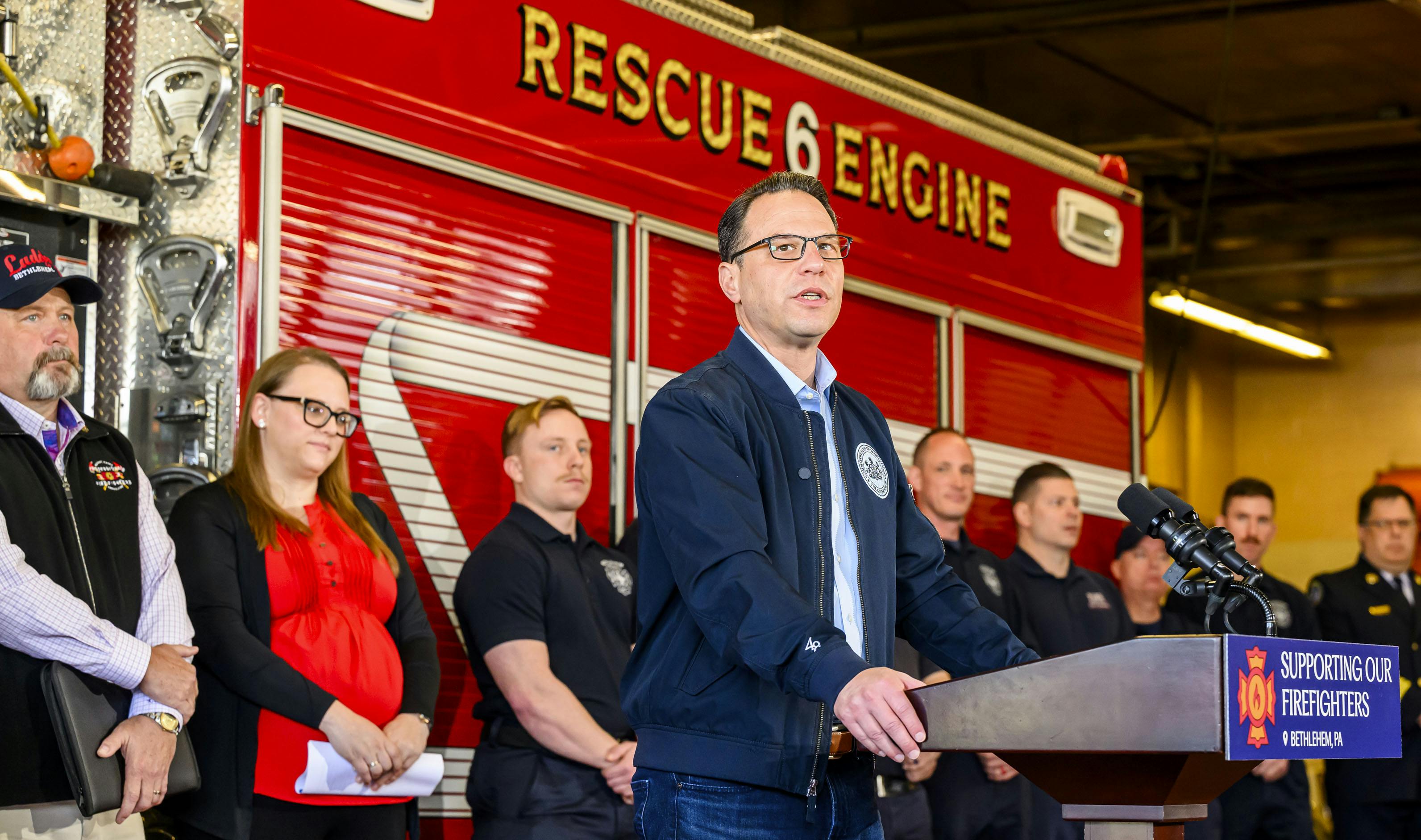 Gov. Josh Shapiro outlined his administration&rsquo;s commitment to investing in and supporting Pennsylvania&rsquo;s firefighters, including a $30 million grant, at the Bethlehem Fire Department on April 18, 2025,