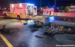 Several motorcycles burned after the multi-motorcycle collision on Interstate 35 in north Fort Worth Friday night. Several motorcycles burned after the multi-motorcycle collision on Interstate 35 in north Fort Worth Friday night.