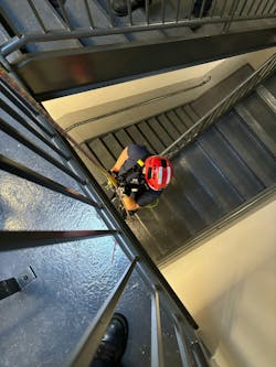 Using landings in an open stairwell allows rope rescue technicians to train in an environment where everyone can see what’s going on and why. Using landings in an open stairwell allows rope rescue technicians to train in an environment where everyone can see what’s going on and why.