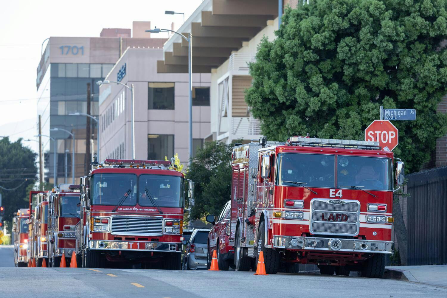 Fire trucks lined the street at Adventist Health White Memorial Hospital during a 2023 power failure.