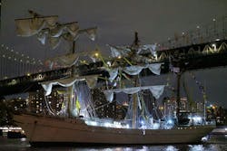 The Mexican naval ship Cuauhtemoc struck the Brooklyn Bridge on the East River in New York City Saturday night. The Mexican naval ship Cuauhtemoc struck the Brooklyn Bridge on the East River in New York City Saturday night.