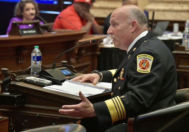 Baltimore City Fire Chief James Wallace answers budget questions at a City Council hearing.