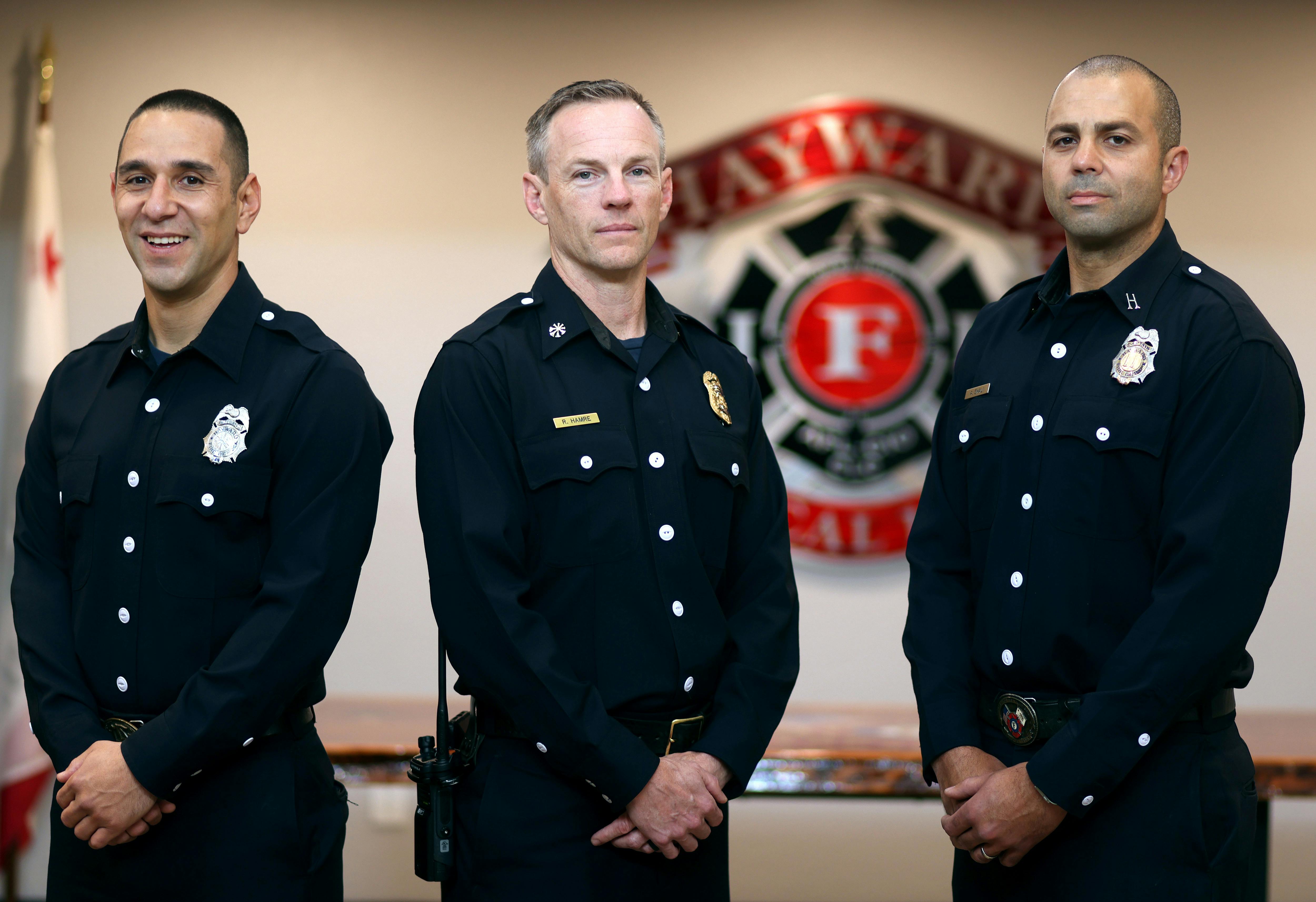 Hayward Firefighter Frank Crespo, left, Deputy Chief Ryan Hamre, center, and Capt. Andrew Ghali will be getting MRIs to detect cancer.