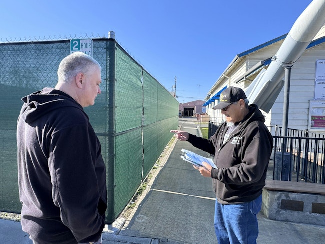 Donald Hester (L) and Daniel Duran, board members of the Brentwood Veterans Memorial Building, are concerned that the fire station is constructed on land designated for veterans’ use.