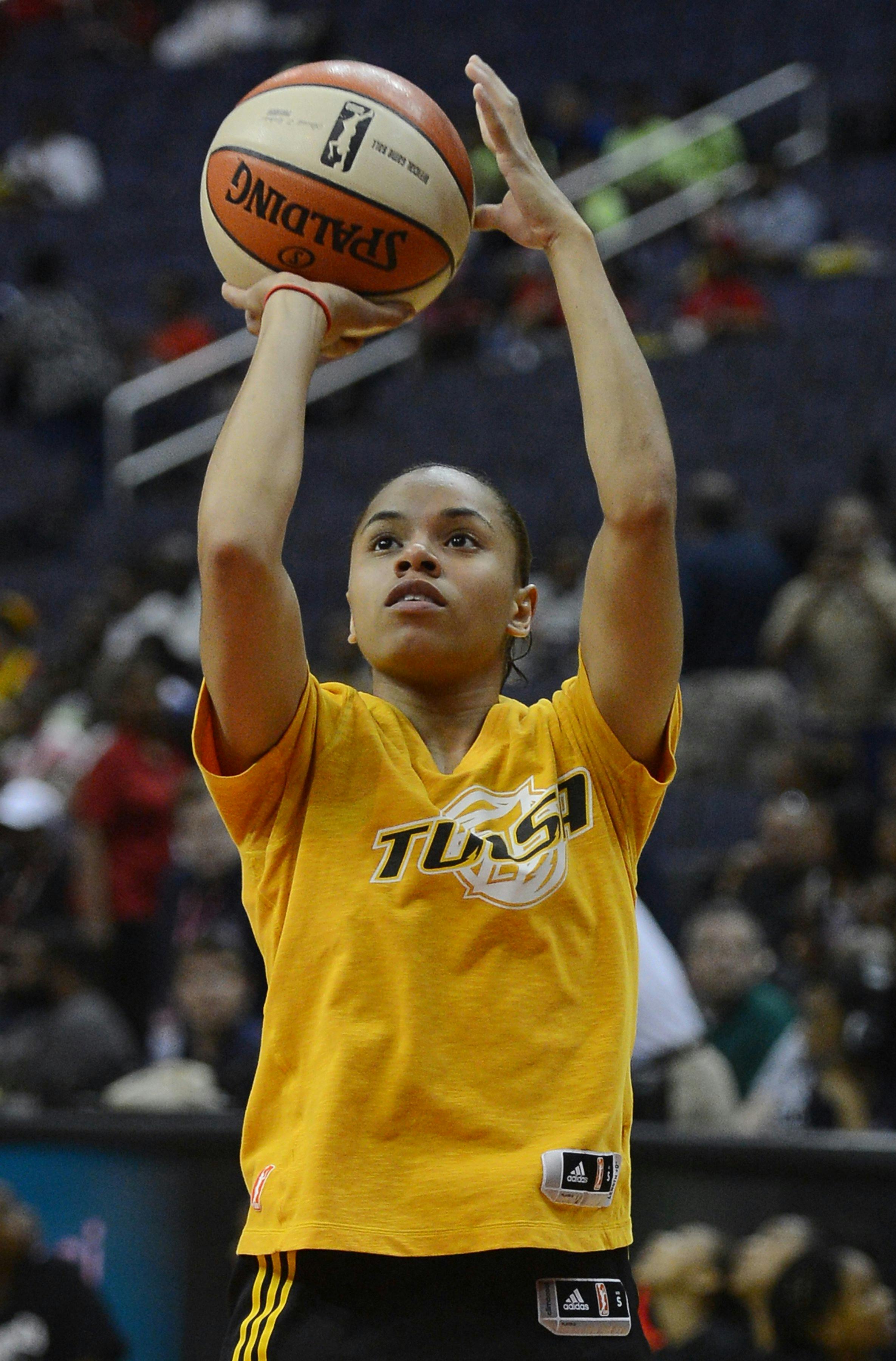 Tulsa Shock guard Angel Goodrich warms up before a game against the Washington Mystics in 2013.