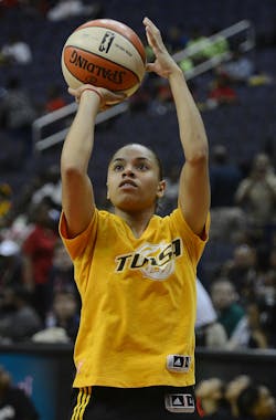 Tulsa Shock guard Angel Goodrich warms up before a game against the Washington Mystics in 2013. Tulsa Shock guard Angel Goodrich warms up before a game against the Washington Mystics in 2013.