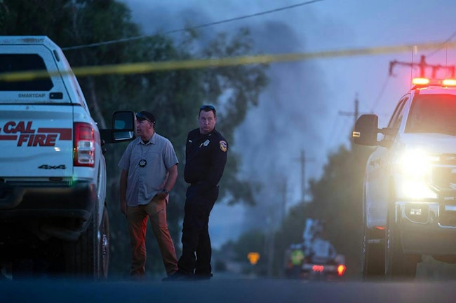 First responders at the scene of the deadly fireworks warehouse fire in Esparto, CA, on July 1.