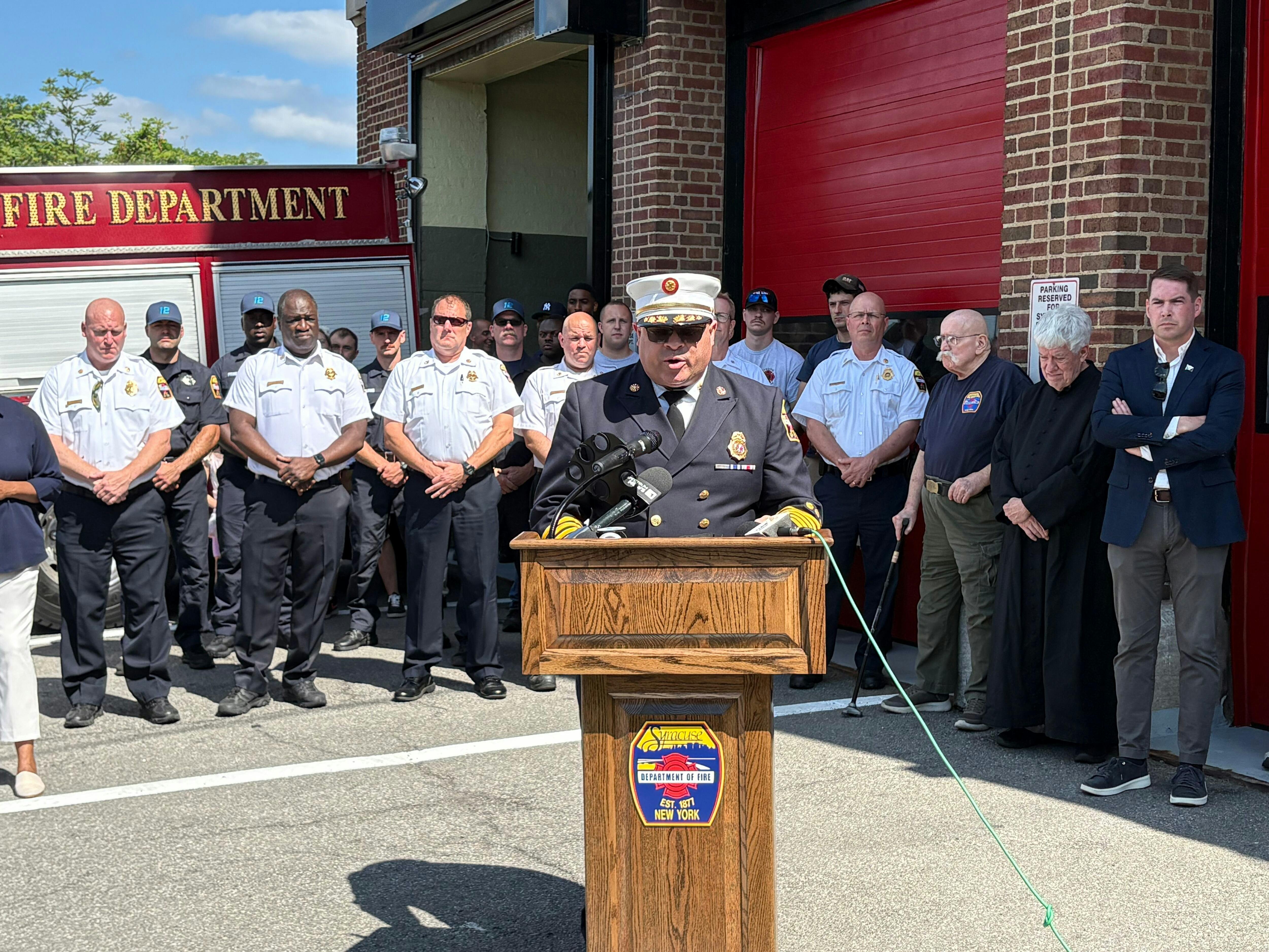 Syracuse Fire Chief Michael Monds speaks at the reopening of Fire Station 12 in early July.
