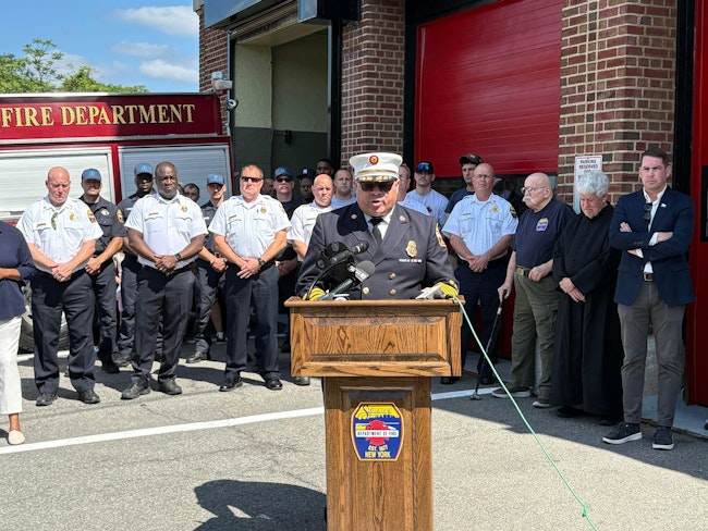 Syracuse Fire Chief Michael Monds speaks at the reopening of Fire Station 12 in early July.