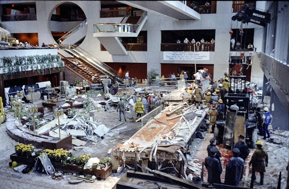 Two skywalks collapsed at Kansas City's Hyatt Regency Hotel 44 years ago.