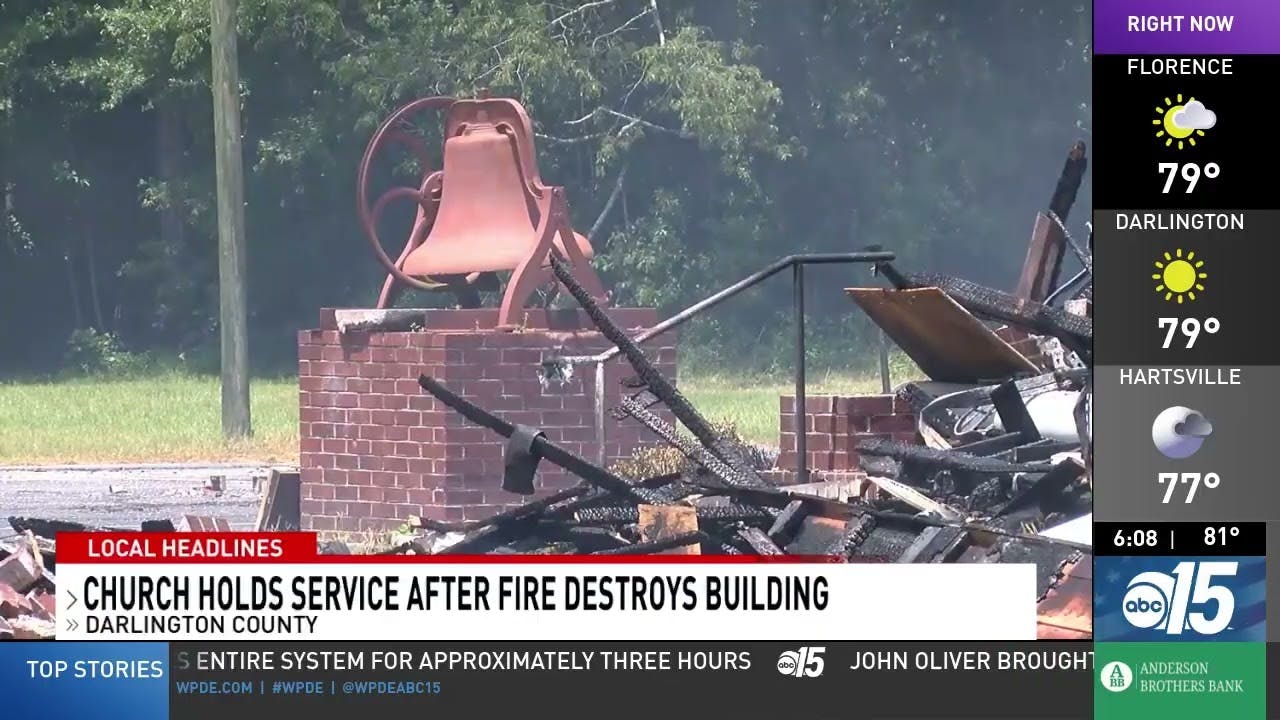 Darlington church holds service outdoors after devastating fire destroys building