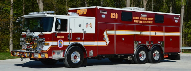 The Prince George’s County, MD, Fire/EMS Department (PGFD) operates several two-door cab, walk-in rescues in its fleet. Rescue Squad 820 is a 2024 Pierce Enforcer that’s built on a 25-foot aluminum body that has a 223½-inch wheelbase.