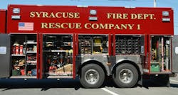 The Syracuse, NY, Fire Department’s Rescue Company operates this 2019 Spartan Gladiator stainless-steel-body vehicle that was built by Rescue 1. The rig has hinged doors. Note that the forward and rear body doors open beyond 90 degrees as well as the efficient use of space to accommodate all of the desired equipment. The Syracuse, NY, Fire Department’s Rescue Company operates this 2019 Spartan Gladiator stainless-steel-body vehicle that was built by Rescue 1. The rig has hinged doors. Note that the forward and rear body doors open beyond 90 degrees as well as the efficient use of space to accommodate all of the desired equipment.