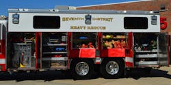 The Seventh District Volunteer Fire Department in St. Mary’s County, MD, acquired this heavy rescue from a neighboring department and had the compartments modified to meet local needs. Squad 5 is a 2007 American Lafrance that has a two-door cab and a stainless-steel walk-in body. The rig is equipped with a 250-gpm pump and 200-gallon tank. The Seventh District Volunteer Fire Department in St. Mary’s County, MD, acquired this heavy rescue from a neighboring department and had the compartments modified to meet local needs. Squad 5 is a 2007 American Lafrance that has a two-door cab and a stainless-steel walk-in body. The rig is equipped with a 250-gpm pump and 200-gallon tank.