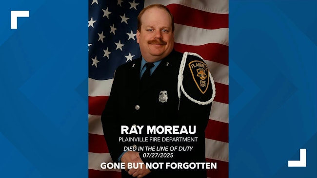 Plainville Firefighter Raymond Moreau, 60, was killed after suffering a 'catastrophic injury' next to a fire apparatus Sunday morning.